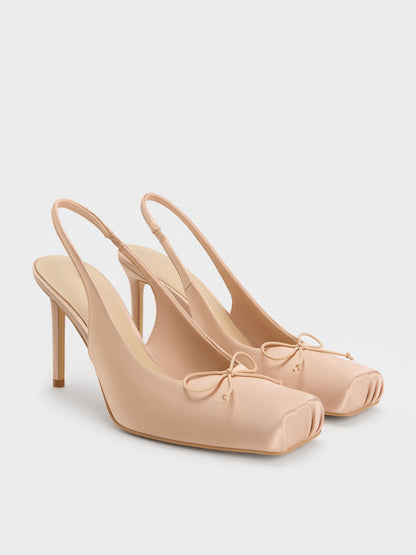 CHARLES & KEITH Best Seller / Satin Ruched Stiletto Slingback Pumps - Nude