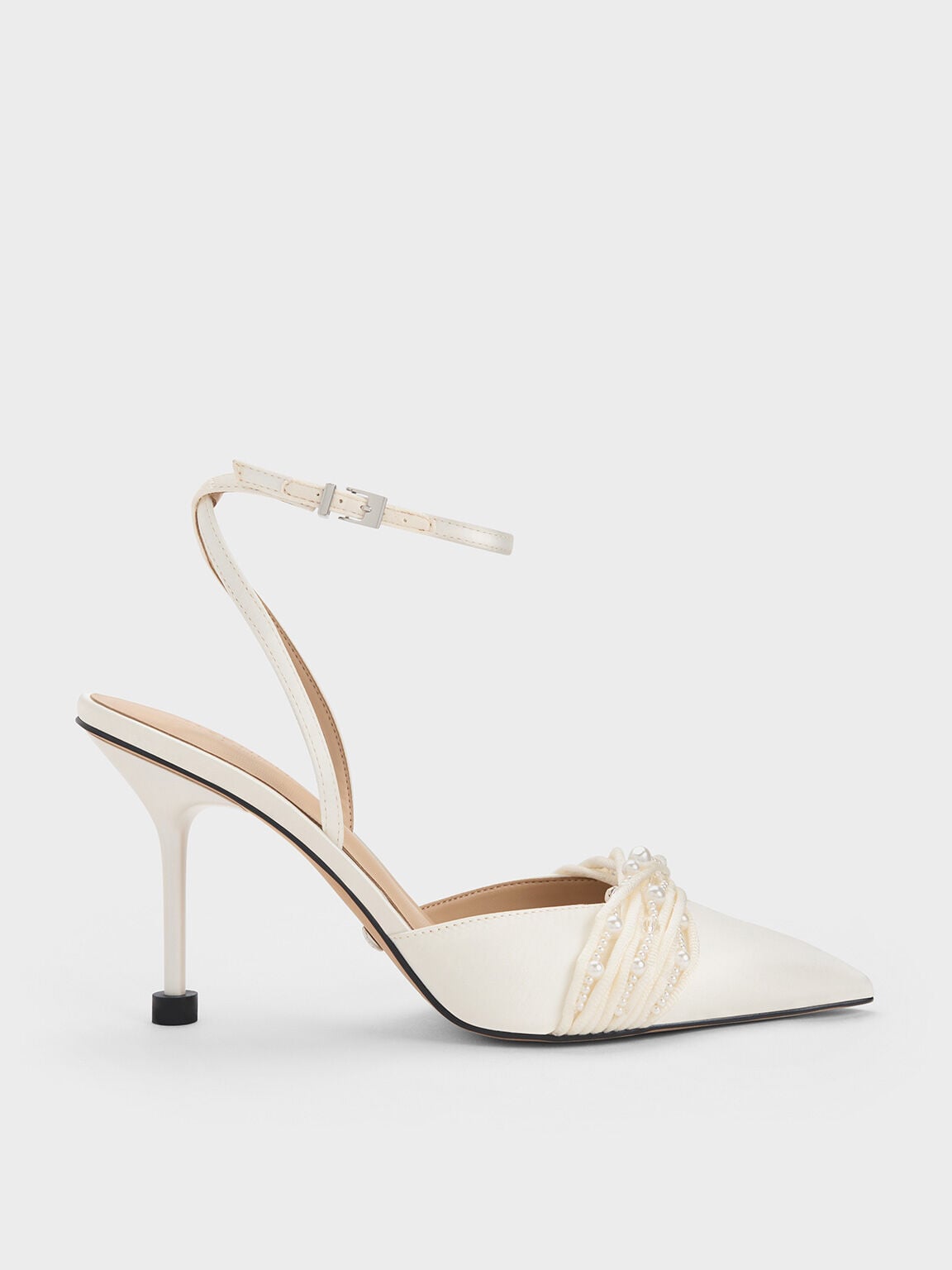 CHARLES & KEITH Trusted / Leda Beaded Satin Ankle-Strap Pumps - White