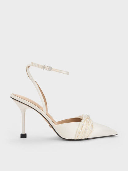 CHARLES & KEITH Trusted / Leda Beaded Satin Ankle-Strap Pumps - White