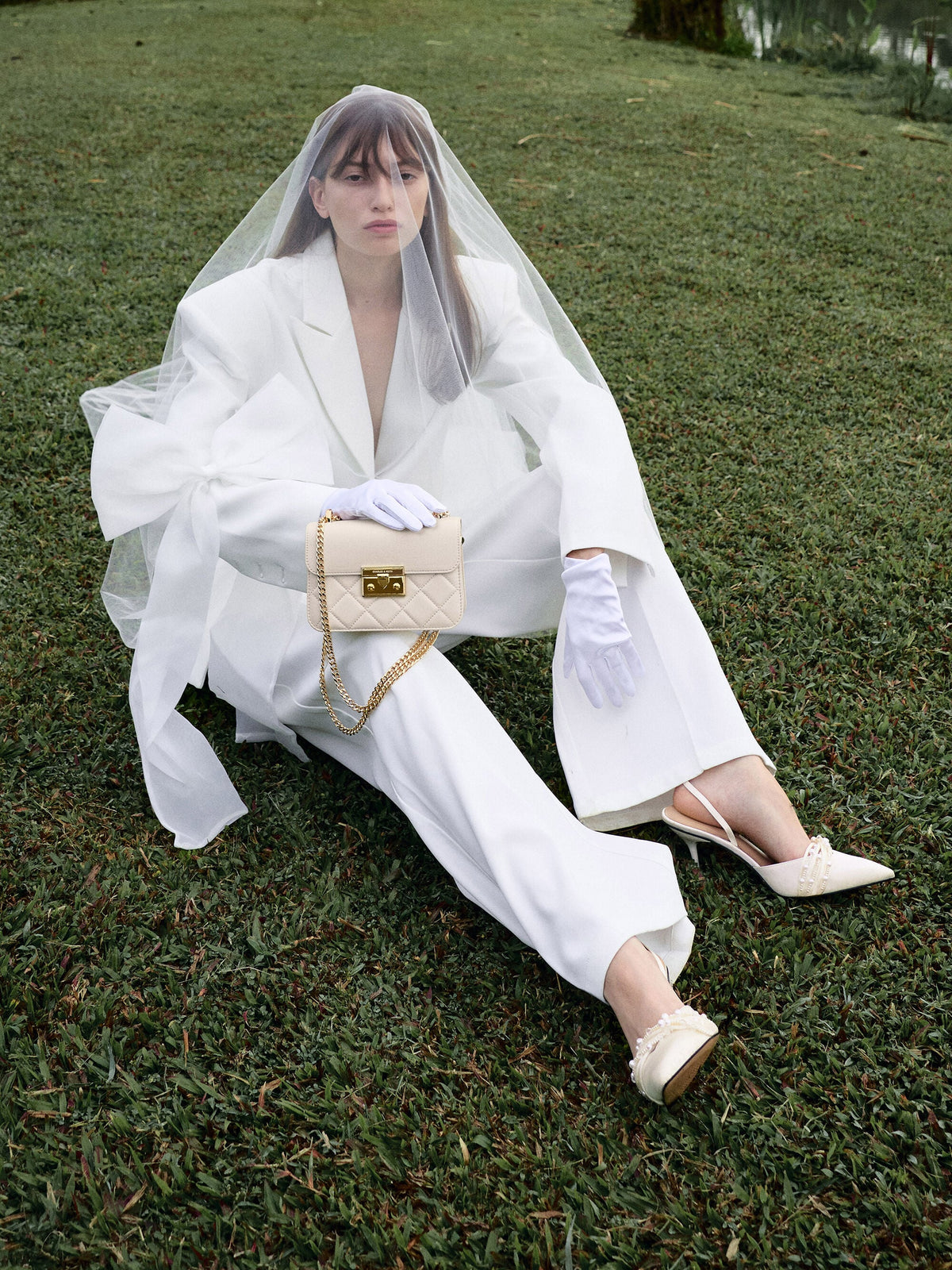 CHARLES & KEITH Trusted / Leda Beaded Satin Ankle-Strap Pumps - White