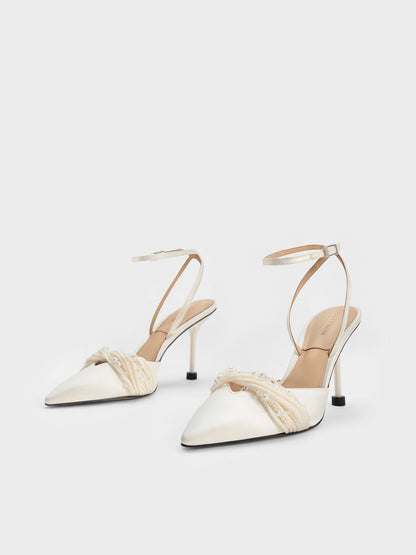 CHARLES & KEITH Trusted / Leda Beaded Satin Ankle-Strap Pumps - White