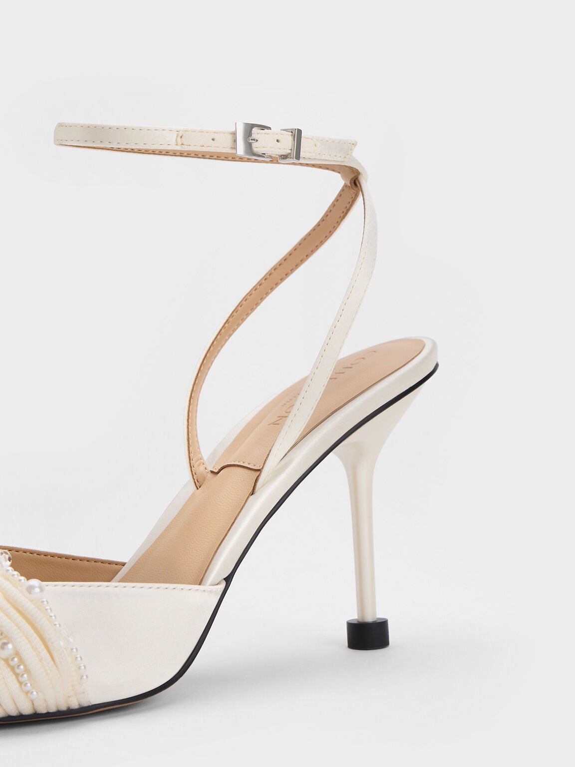 CHARLES & KEITH Trusted / Leda Beaded Satin Ankle-Strap Pumps - White
