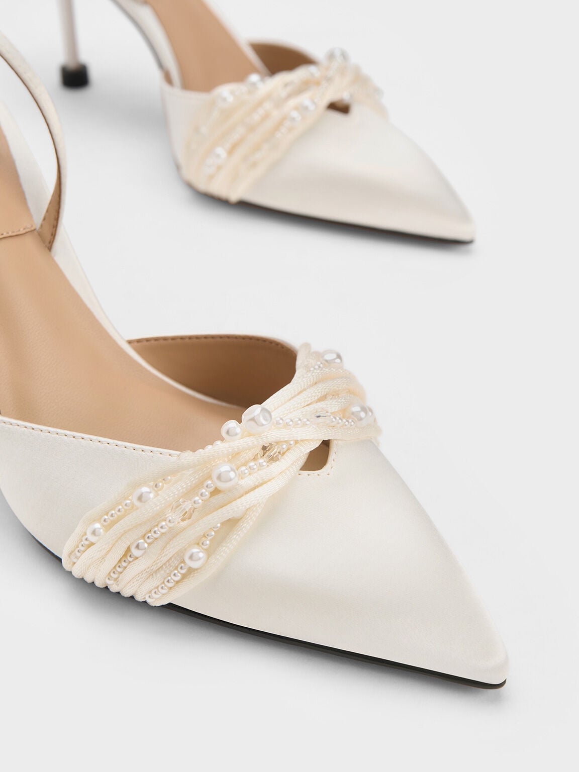 CHARLES & KEITH Trusted / Leda Beaded Satin Ankle-Strap Pumps - White