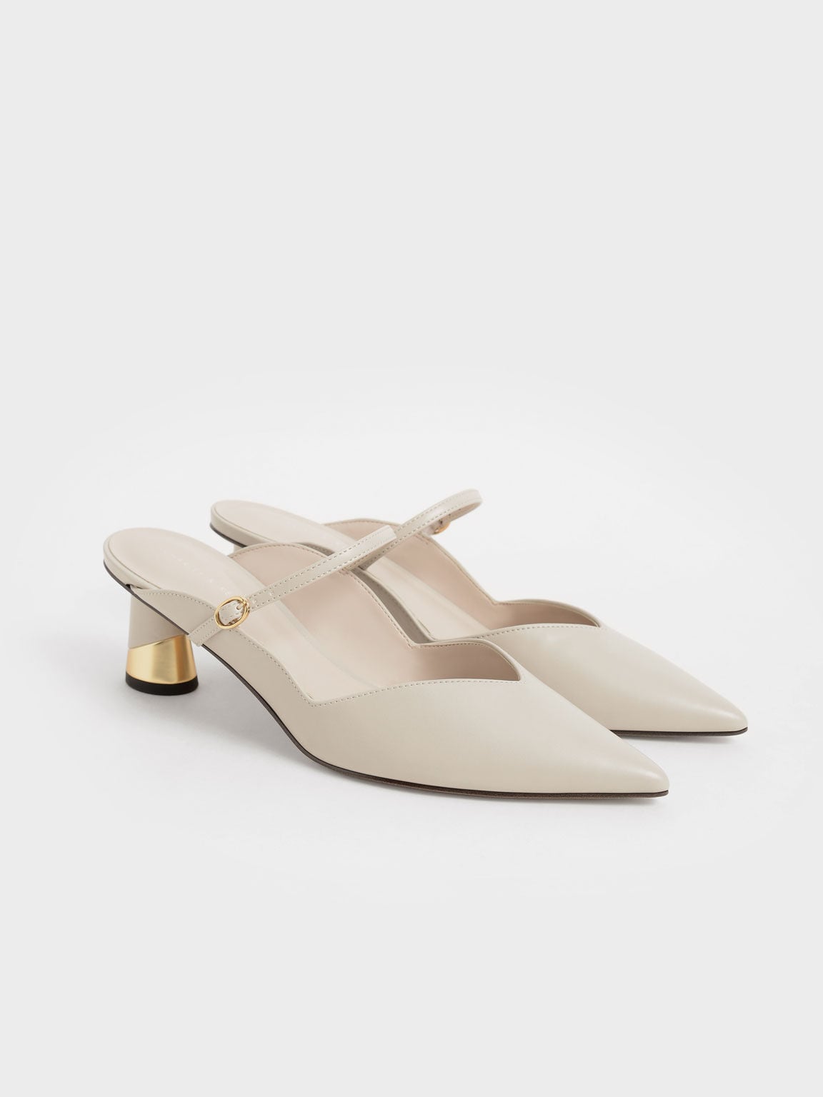 CHARLES & KEITH Signature / Cammie Metallic-Heel Mules - Chalk