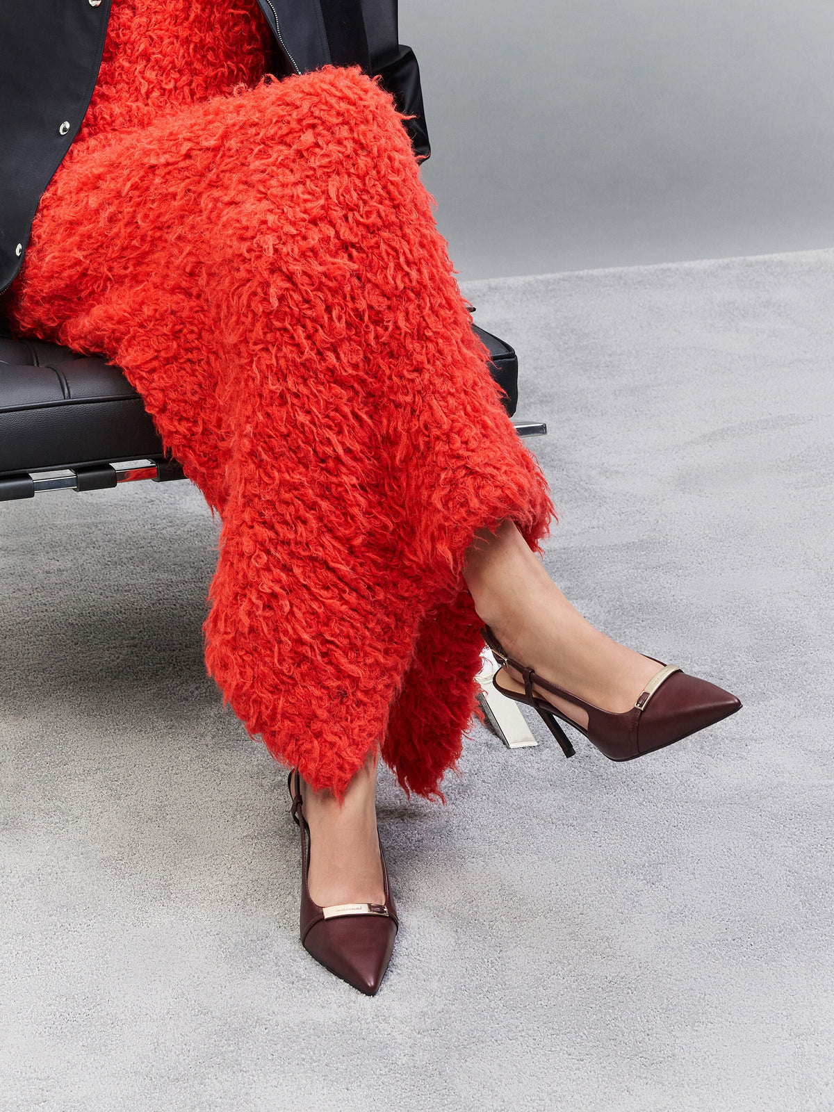 CHARLES & KEITH New / Metallic-Bar Pointed Slingback Pumps - Burgundy