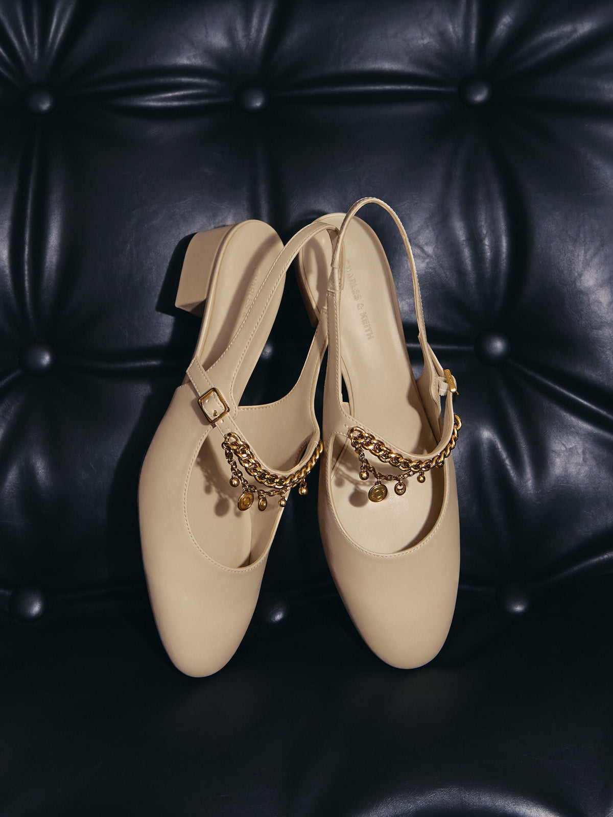 CHARLES & KEITH Best Seller / Double-Chain Charm Mary Jane Slingback Pumps - Chalk