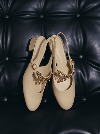 CHARLES & KEITH Best Seller / Double-Chain Charm Mary Jane Slingback Pumps - Chalk