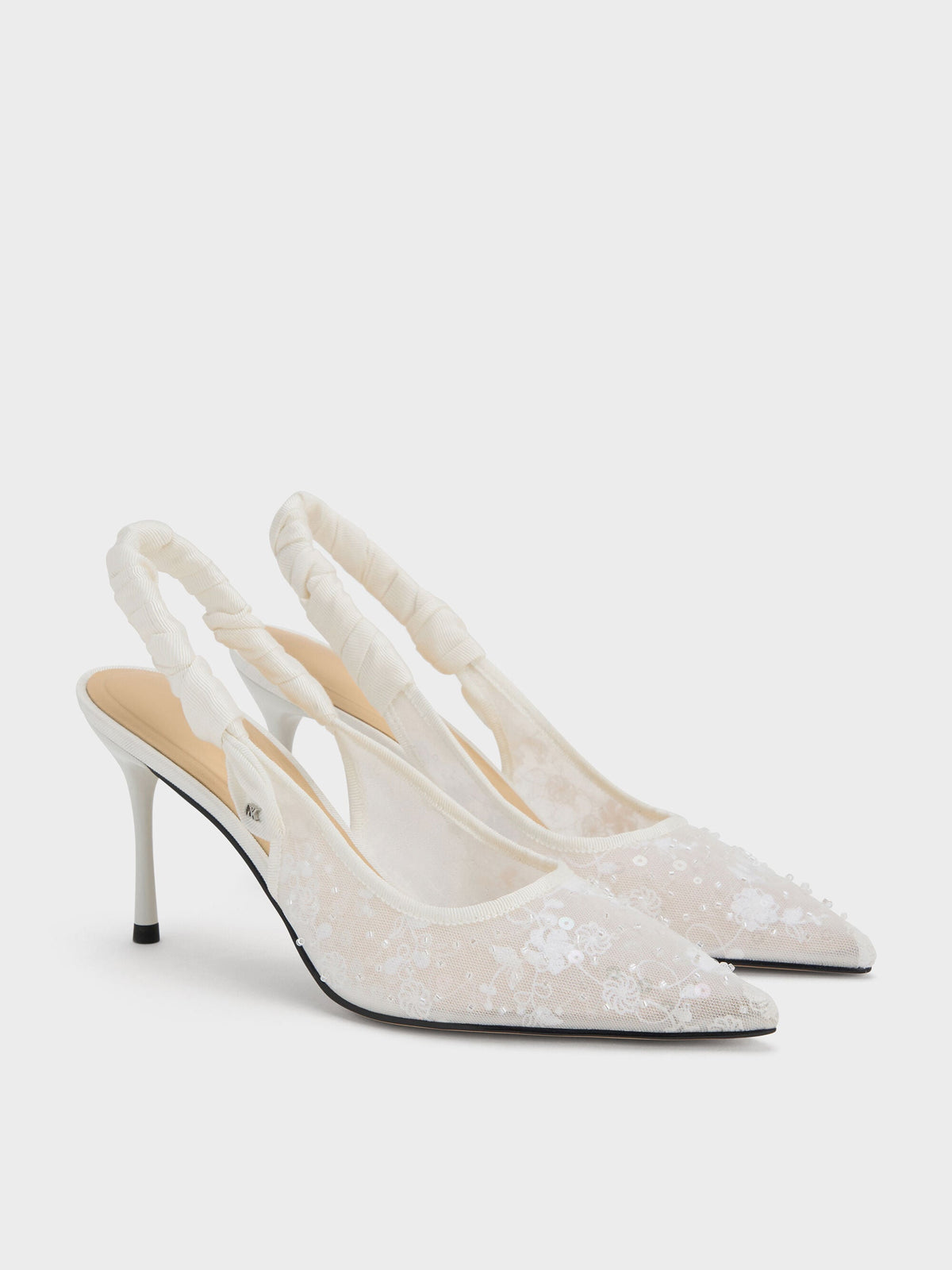 CHARLES & KEITH Signature / Tayari Embroidered-Mesh Slingback Pumps - White