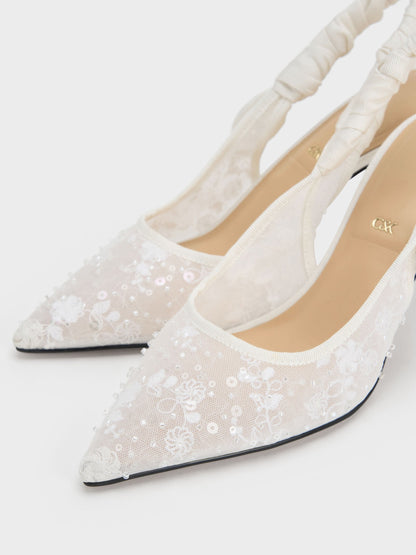CHARLES & KEITH Signature / Tayari Embroidered-Mesh Slingback Pumps - White