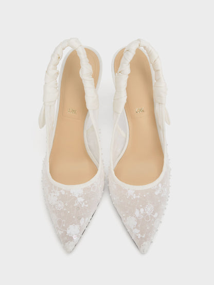 CHARLES & KEITH Signature / Tayari Embroidered-Mesh Slingback Pumps - White