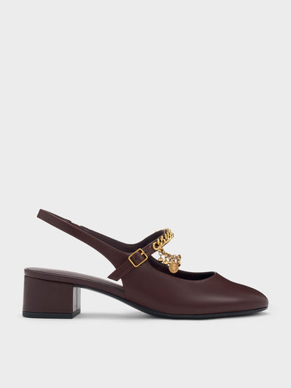 CHARLES & KEITH Smart Buy / Double-Chain Charm Mary Jane Slingback Pumps - Burgundy