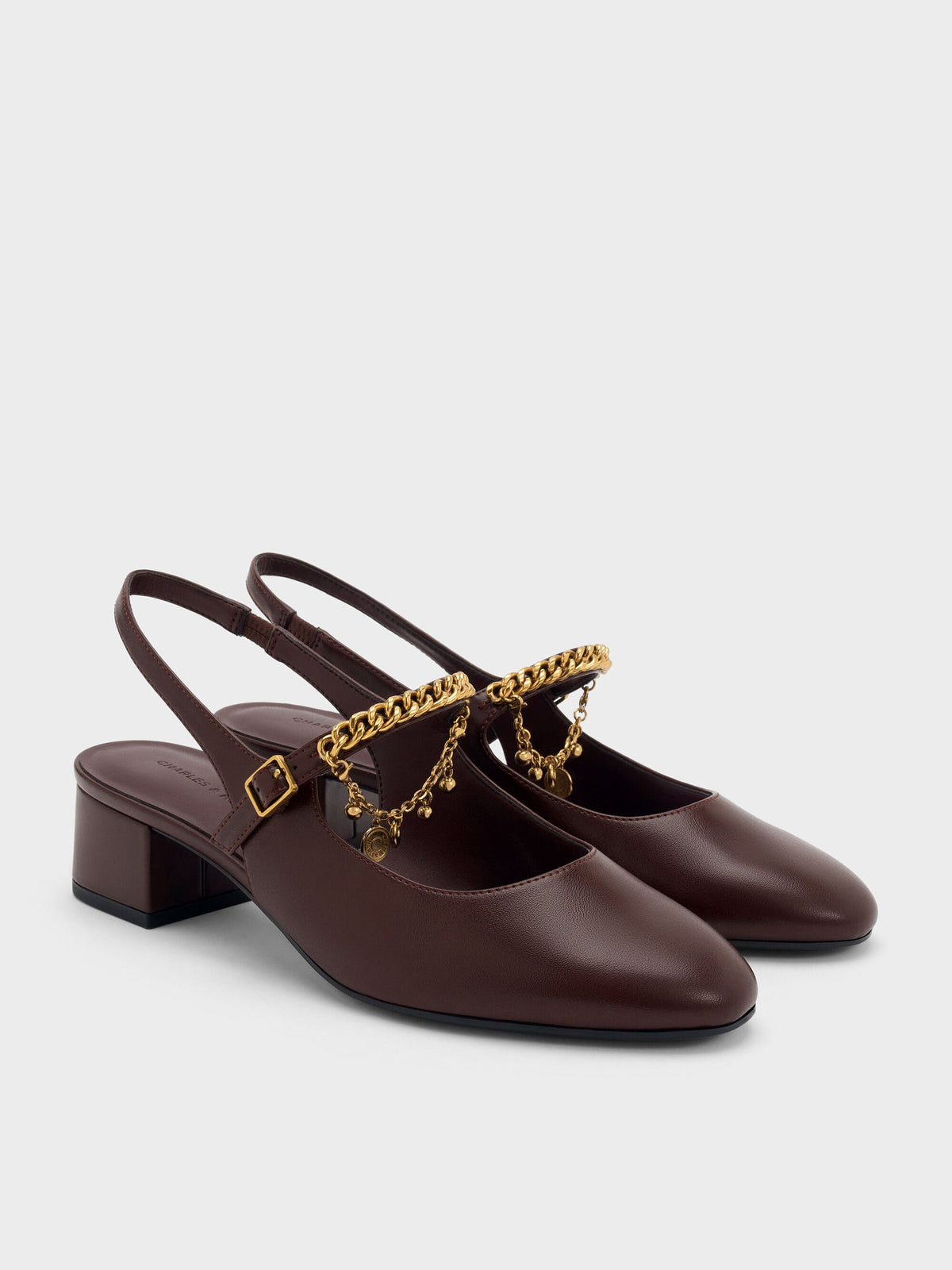 CHARLES & KEITH Smart Buy / Double-Chain Charm Mary Jane Slingback Pumps - Burgundy
