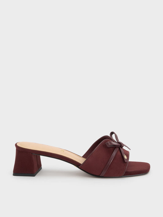 CHARLES & KEITH Signature / Leather & Suede Bow Heeled Mules - Burgundy