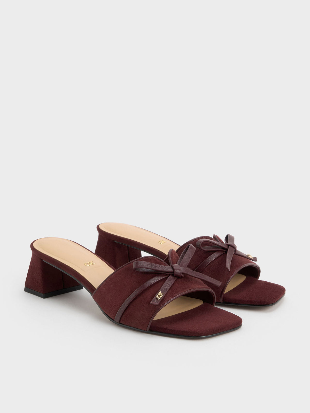CHARLES & KEITH Signature / Leather & Suede Bow Heeled Mules - Burgundy