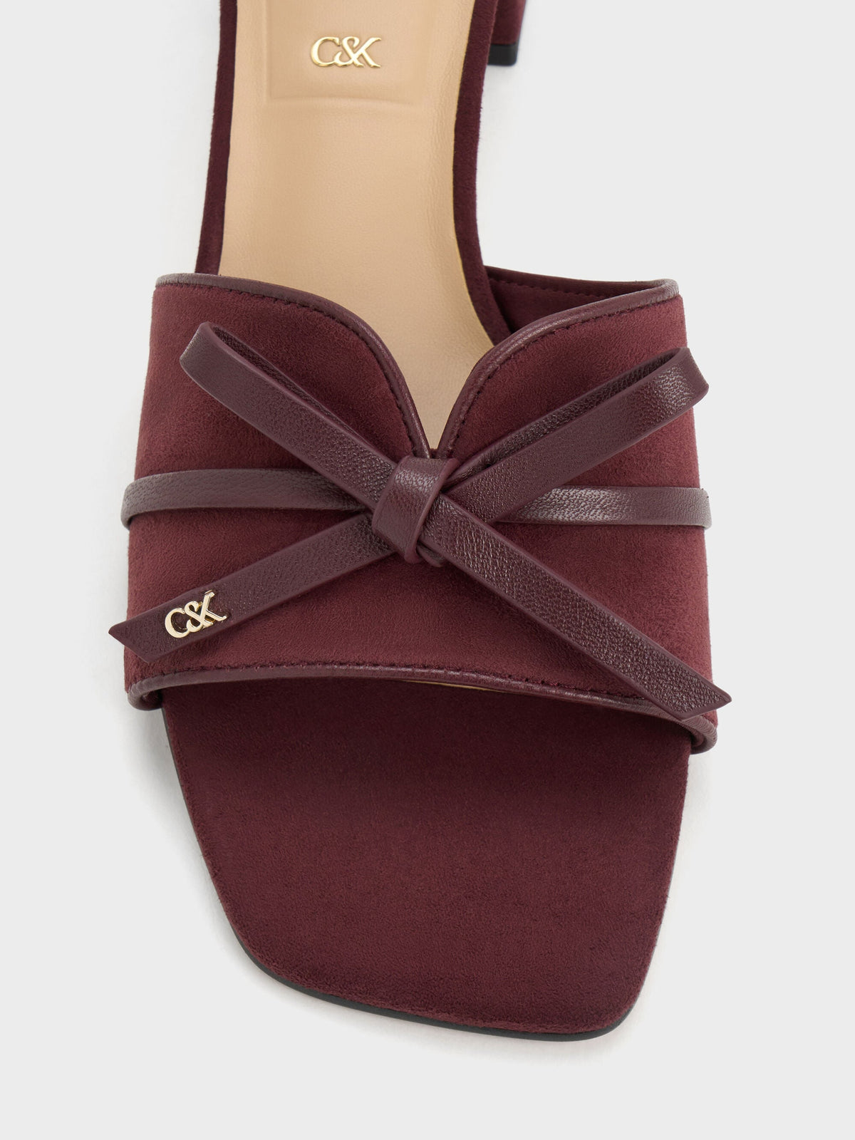 CHARLES & KEITH Signature / Leather & Suede Bow Heeled Mules - Burgundy