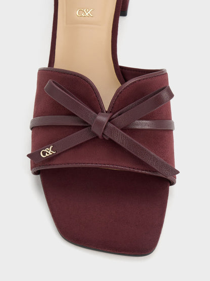 CHARLES & KEITH Signature / Leather & Suede Bow Heeled Mules - Burgundy