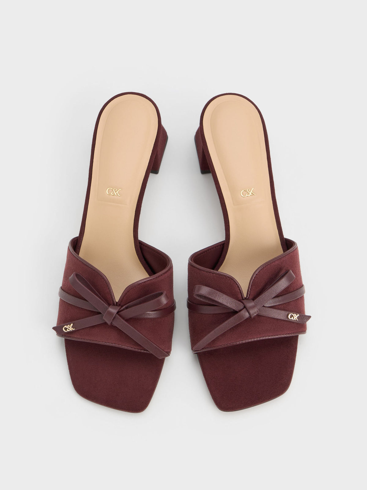 CHARLES & KEITH Signature / Leather & Suede Bow Heeled Mules - Burgundy