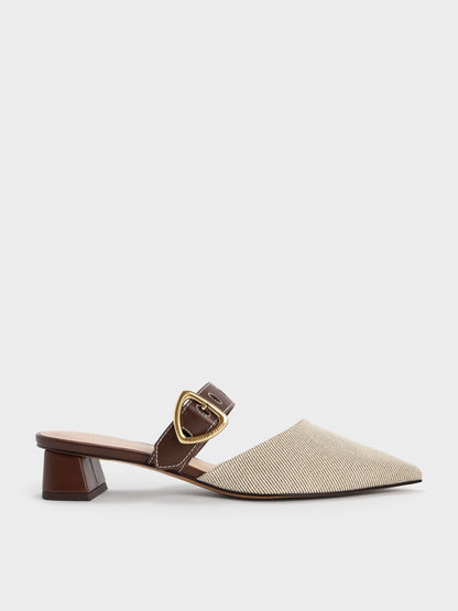 CHARLES & KEITH Premium / Sepphe Twill Buckle-Strap Heeled Mules - Brown