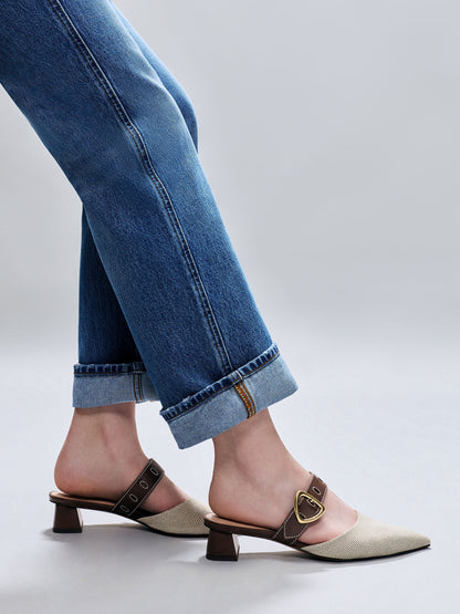 CHARLES & KEITH Premium / Sepphe Twill Buckle-Strap Heeled Mules - Brown