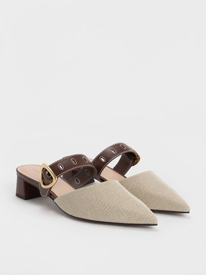 CHARLES & KEITH Premium / Sepphe Twill Buckle-Strap Heeled Mules - Brown