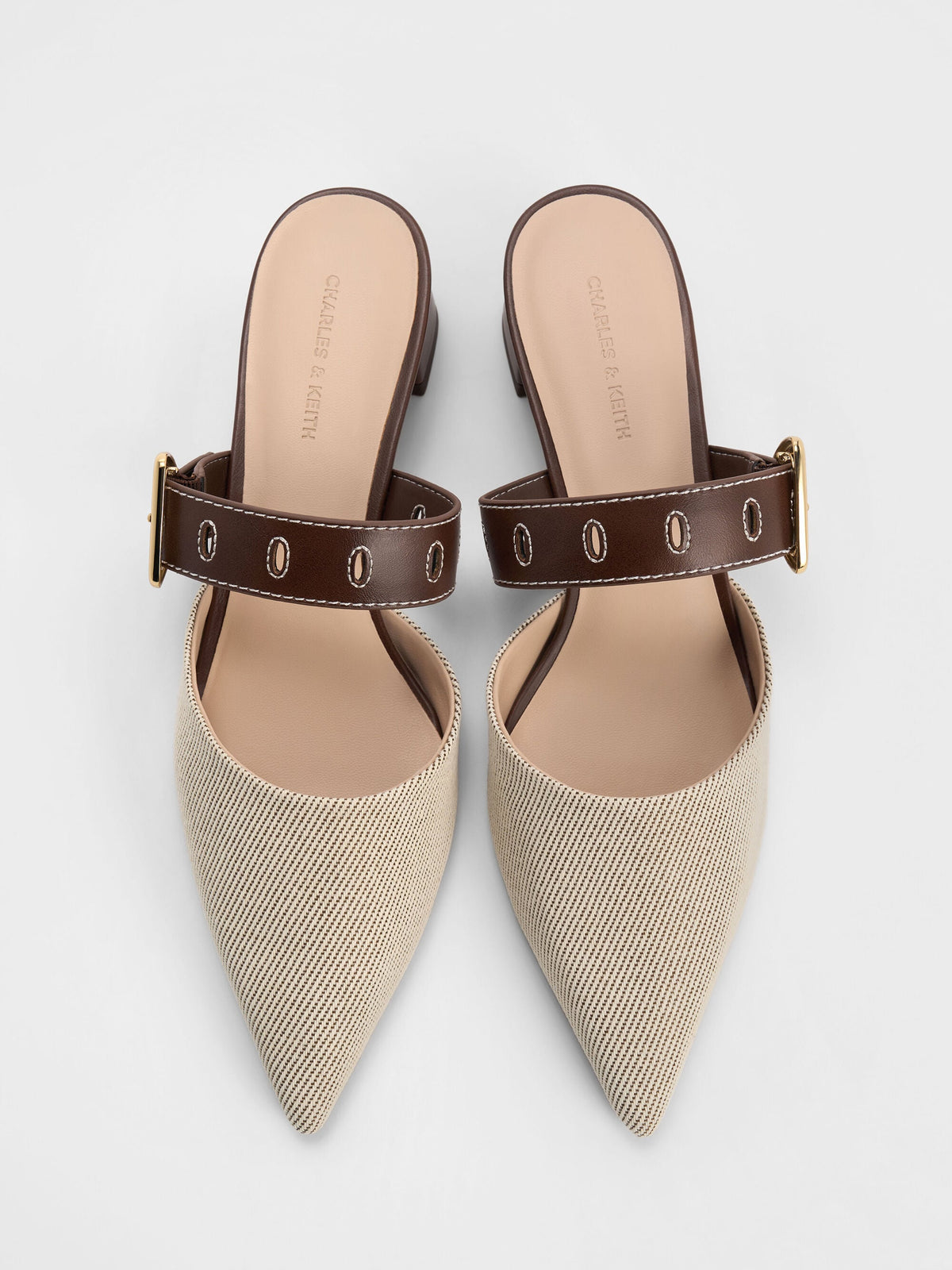 CHARLES & KEITH Premium / Sepphe Twill Buckle-Strap Heeled Mules - Brown
