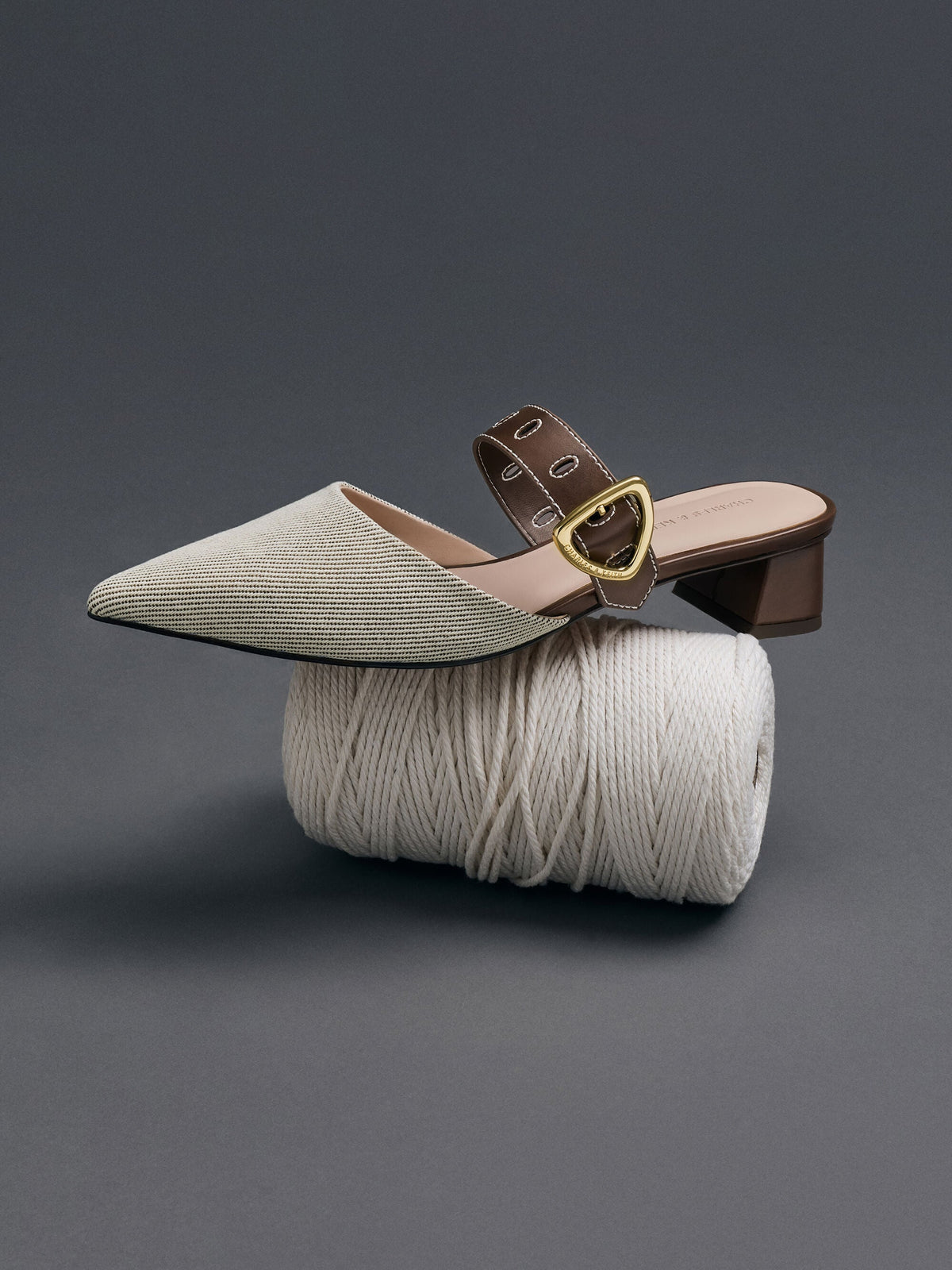 CHARLES & KEITH Premium / Sepphe Twill Buckle-Strap Heeled Mules - Brown