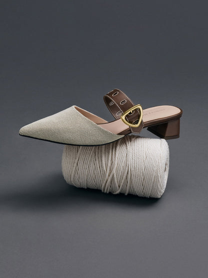 CHARLES & KEITH Premium / Sepphe Twill Buckle-Strap Heeled Mules - Brown