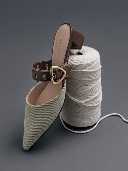 CHARLES & KEITH Premium / Sepphe Twill Buckle-Strap Heeled Mules - Brown