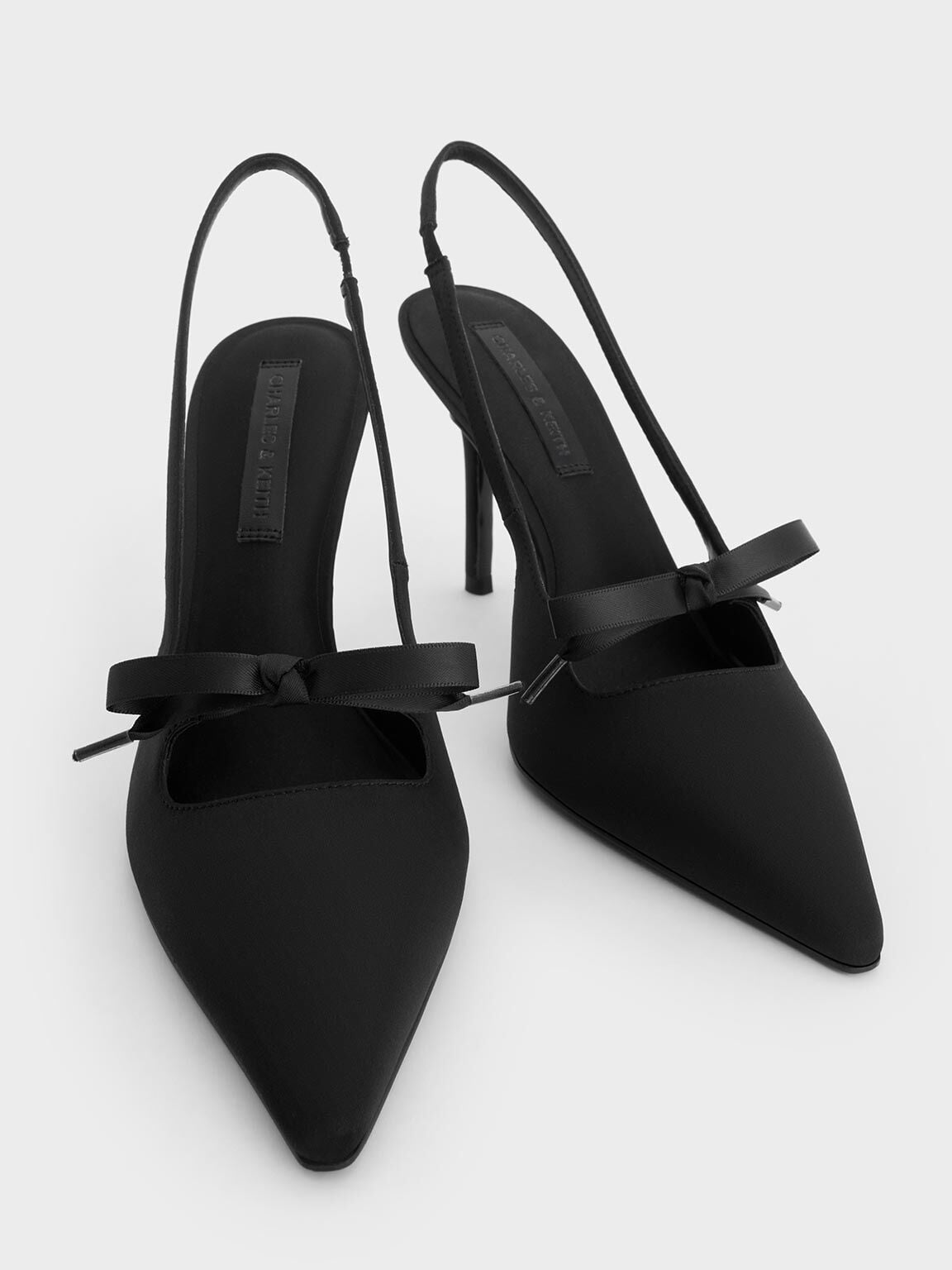 CHARLES & KEITH Best Price / Venetia Satin Bow Pointed Slingback Pumps - Black Textured