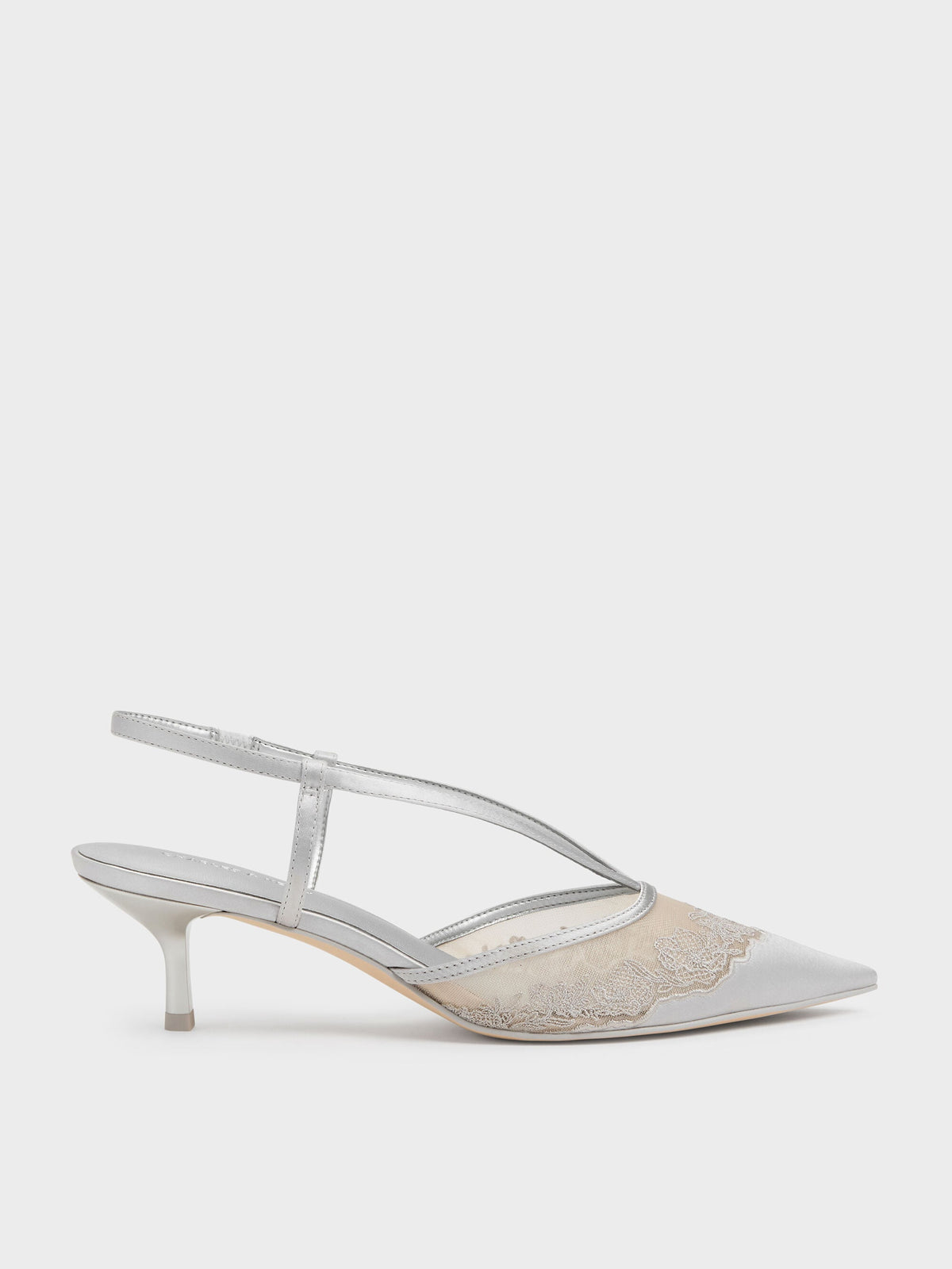 CHARLES & KEITH Hot Sale / Satin Embroidered-Mesh Slingback Kitten Heels - Silver