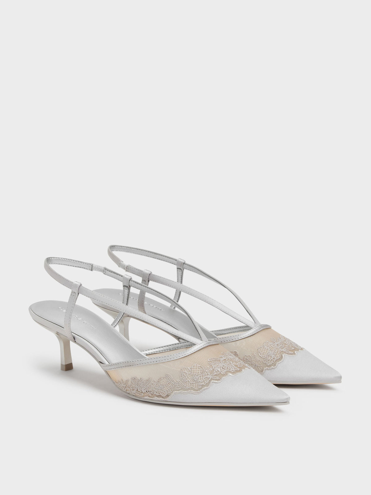 CHARLES & KEITH Hot Sale / Satin Embroidered-Mesh Slingback Kitten Heels - Silver