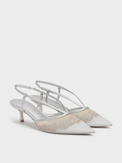 CHARLES & KEITH Hot Sale / Satin Embroidered-Mesh Slingback Kitten Heels - Silver