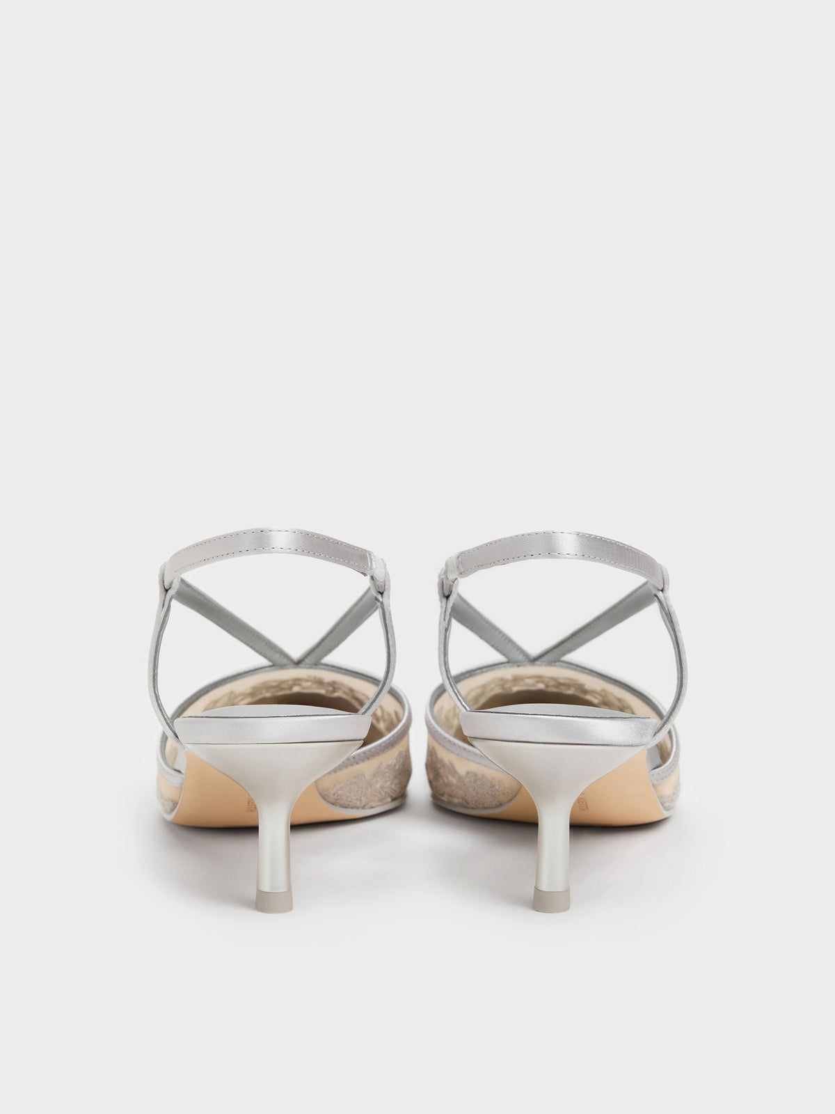 CHARLES & KEITH Hot Sale / Satin Embroidered-Mesh Slingback Kitten Heels - Silver