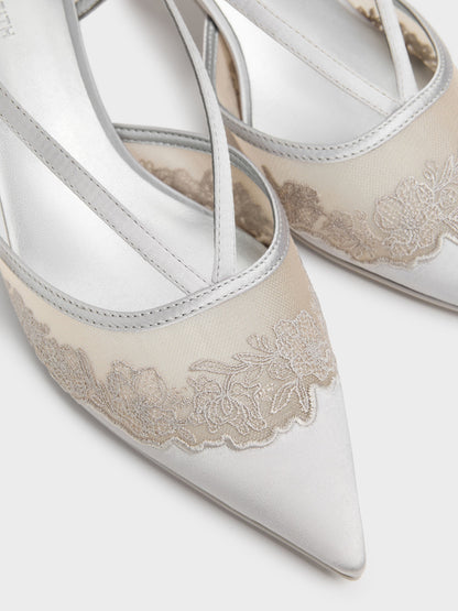 CHARLES & KEITH Hot Sale / Satin Embroidered-Mesh Slingback Kitten Heels - Silver