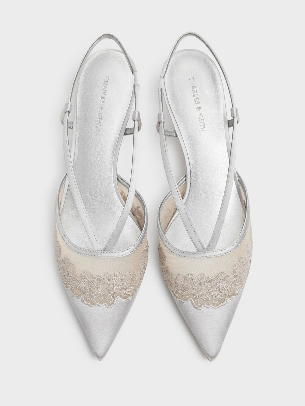 CHARLES & KEITH Hot Sale / Satin Embroidered-Mesh Slingback Kitten Heels - Silver