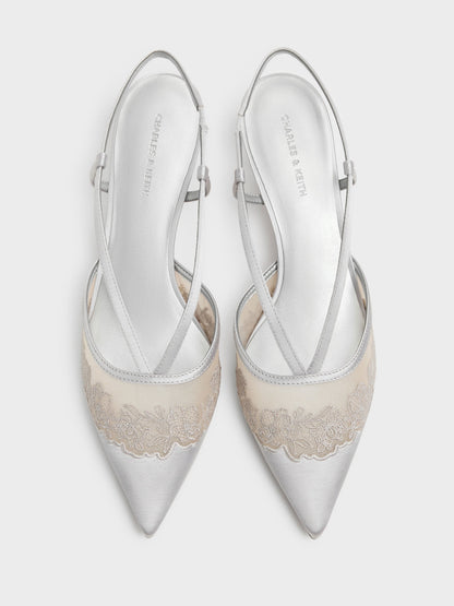 CHARLES & KEITH Hot Sale / Satin Embroidered-Mesh Slingback Kitten Heels - Silver