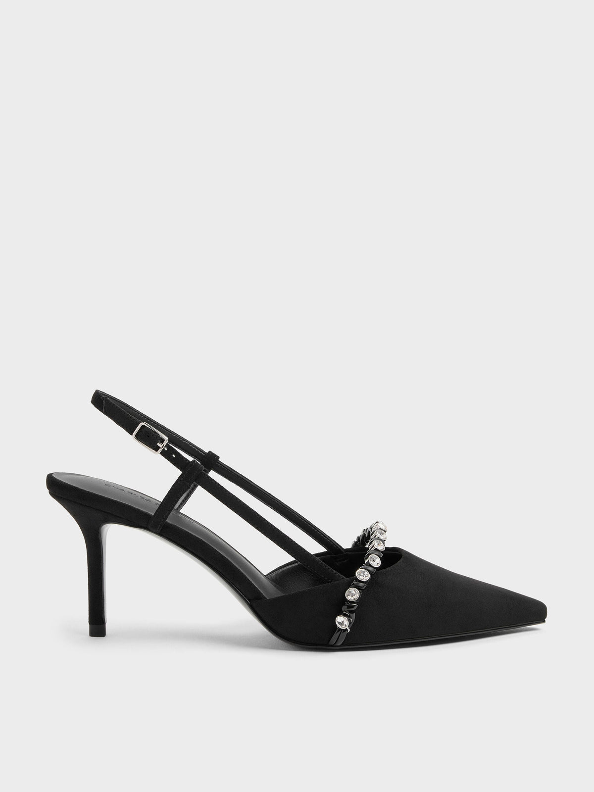 CHARLES & KEITH Best Seller / Faux Suede Crystal Slingback Pumps - Black Textured