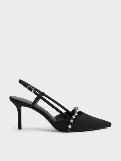CHARLES & KEITH Best Seller / Faux Suede Crystal Slingback Pumps - Black Textured