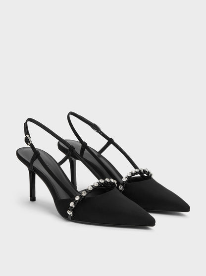 CHARLES & KEITH Best Seller / Faux Suede Crystal Slingback Pumps - Black Textured