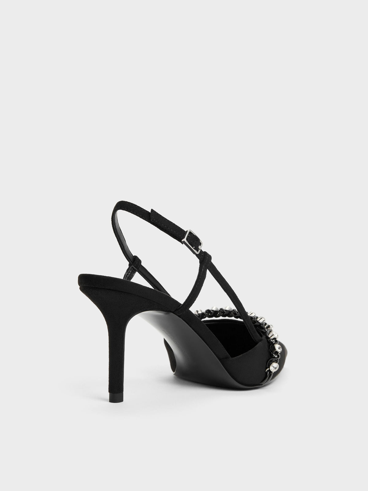 CHARLES & KEITH Best Seller / Faux Suede Crystal Slingback Pumps - Black Textured
