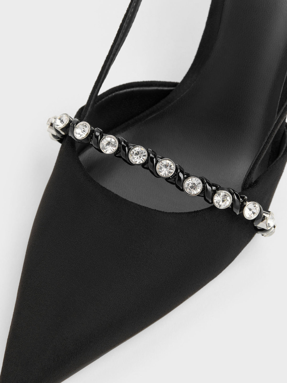 CHARLES & KEITH Best Seller / Faux Suede Crystal Slingback Pumps - Black Textured