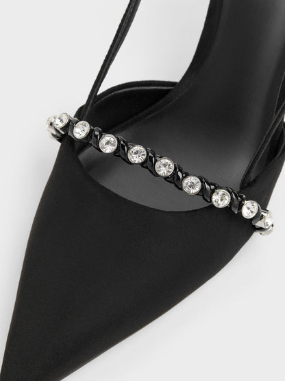 CHARLES & KEITH Best Seller / Faux Suede Crystal Slingback Pumps - Black Textured