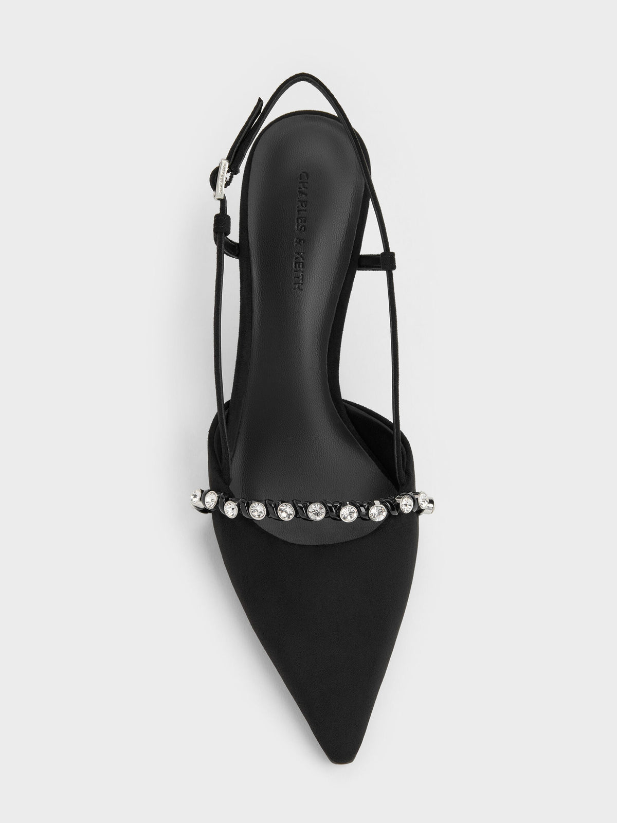 CHARLES & KEITH Best Seller / Faux Suede Crystal Slingback Pumps - Black Textured