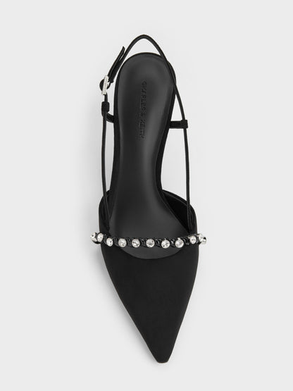 CHARLES & KEITH Best Seller / Faux Suede Crystal Slingback Pumps - Black Textured