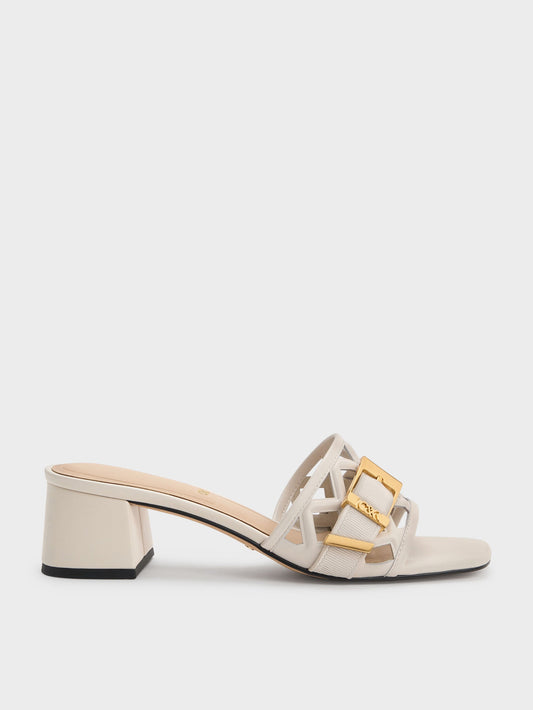 CHARLES & KEITH Classic / Whitney Leather Cut-Out Heeled Mules - Chalk