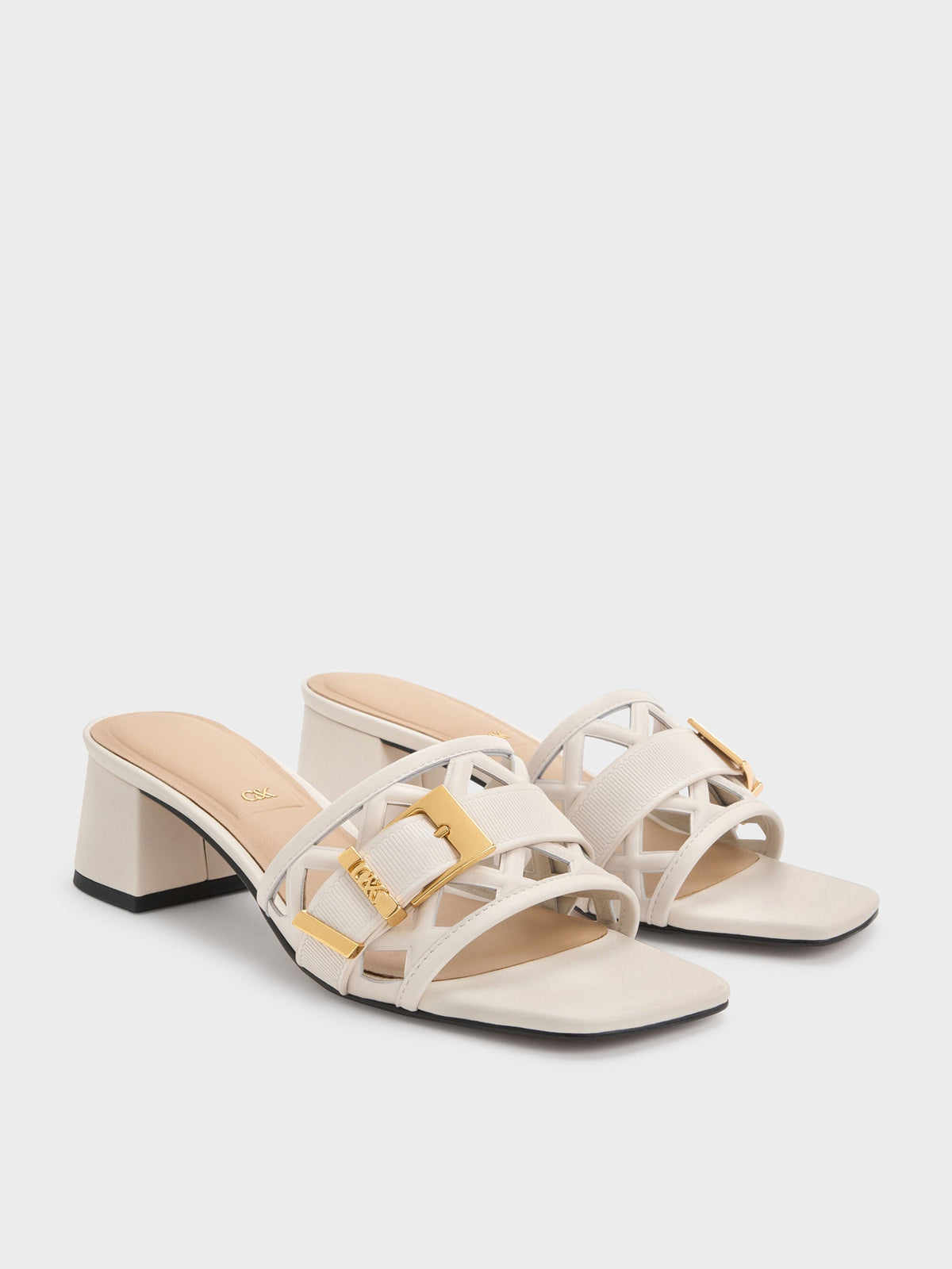 CHARLES & KEITH Classic / Whitney Leather Cut-Out Heeled Mules - Chalk