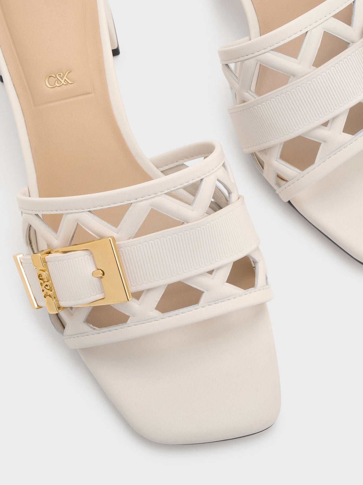 CHARLES & KEITH Classic / Whitney Leather Cut-Out Heeled Mules - Chalk
