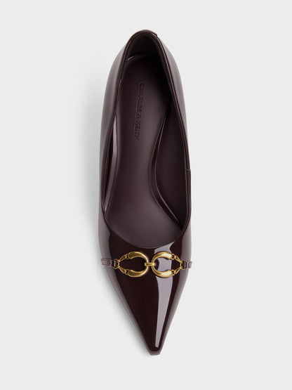 CHARLES & KEITH Recommended / Patent Metallic-Buckle Pointed Pumps - Burgundy