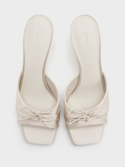 CHARLES & KEITH Trusted / Sadira Satin Ruched Bow Heeled Mules - Chalk