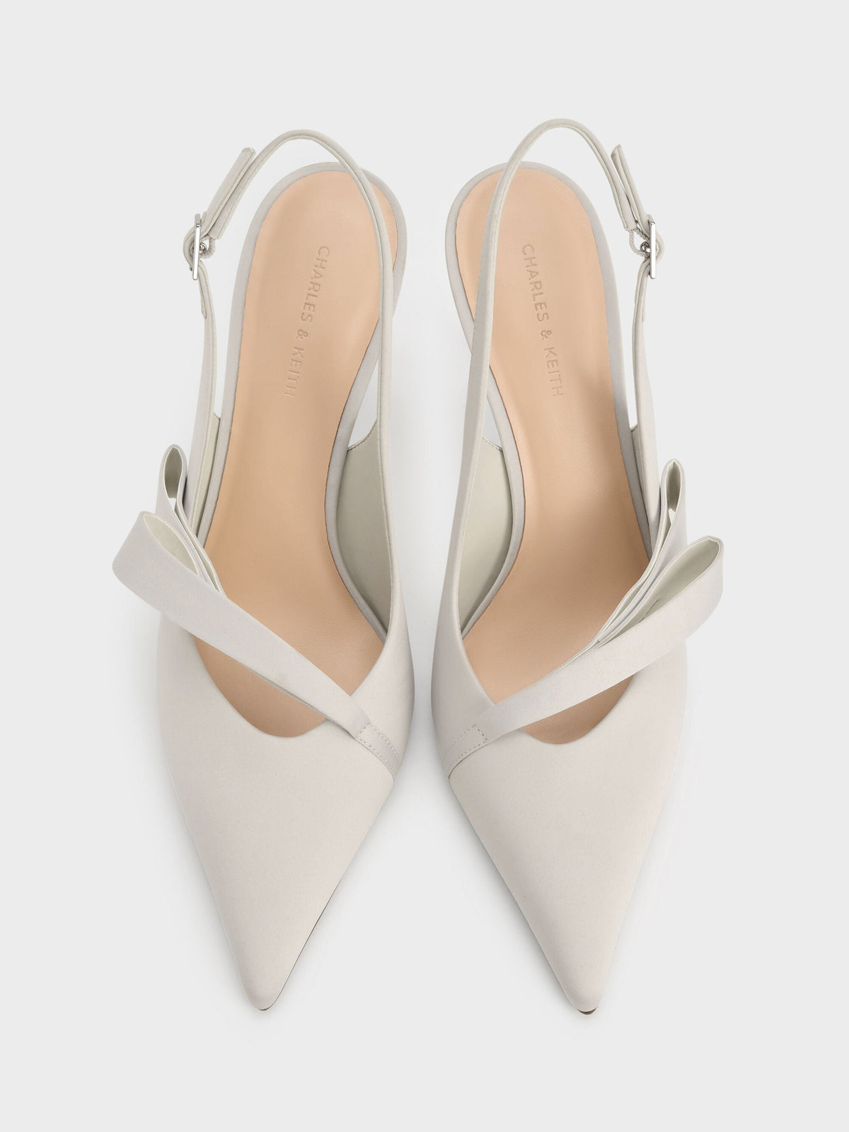 CHARLES & KEITH Trusted / Satin Pleated-Strap Slingback Pumps - Light Grey